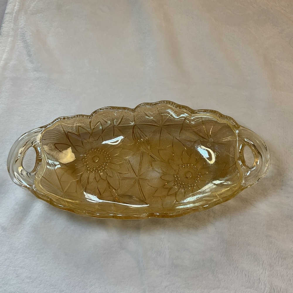 Vintage Carnival Glass Champagne Color Tray Sunflower Candy Dish‎ Bowl